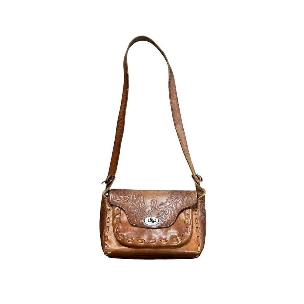 Vintage Brown Floral Tooled Leather‎ Shoulder Bag Purse Women's